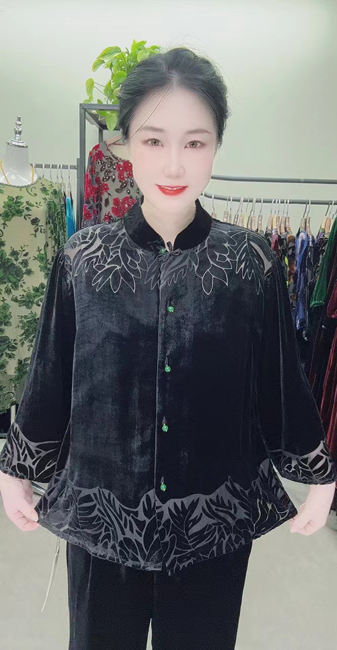 中老年桑蚕丝2098圆领上衣大码高端时尚