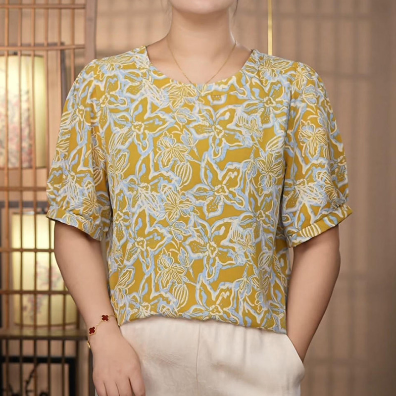 【175黄玉兰】短袖圆领女t恤女士夏季碎花遮肚女士T恤民族风休闲