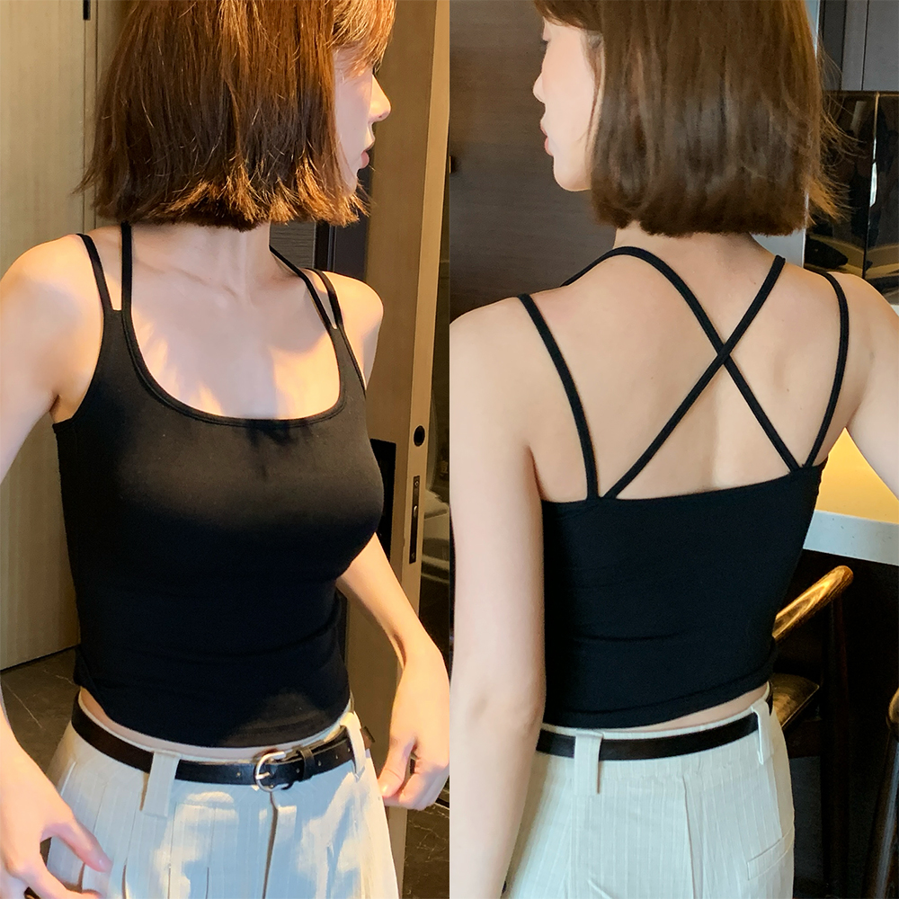 辣妹夏季新款吊带背心女带胸垫交叉美背纯色修身内搭显瘦打底上衣