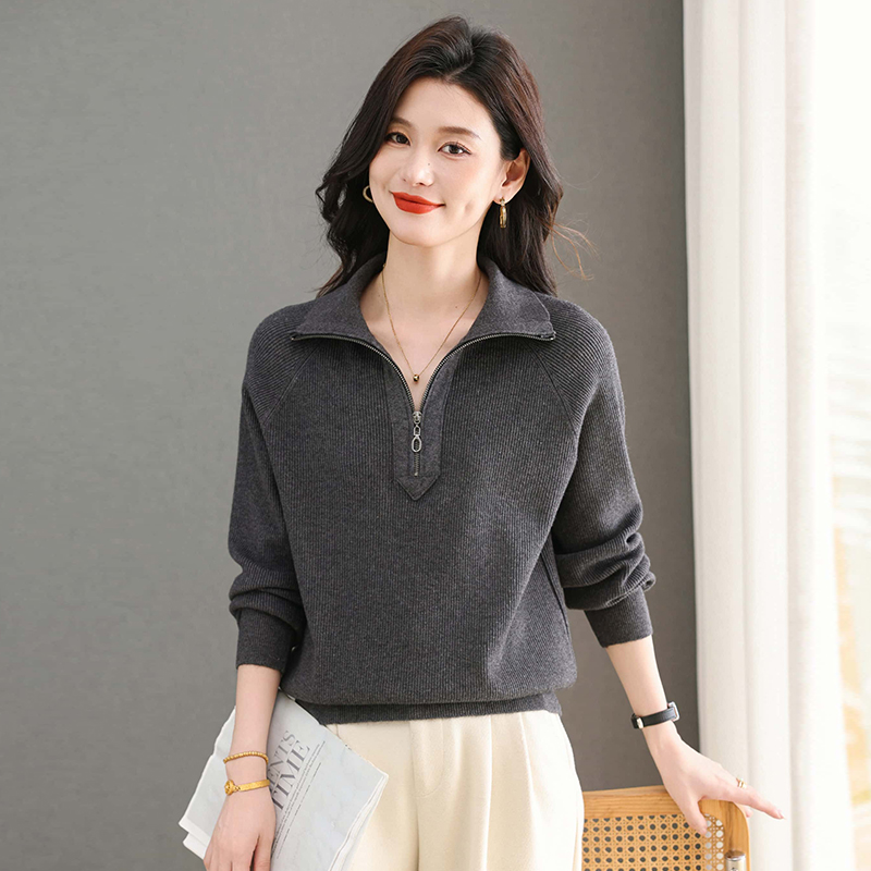正品女装翻领拉链针织衫上衣秋冬新款毛衣时尚洋气百搭纯色打底衫