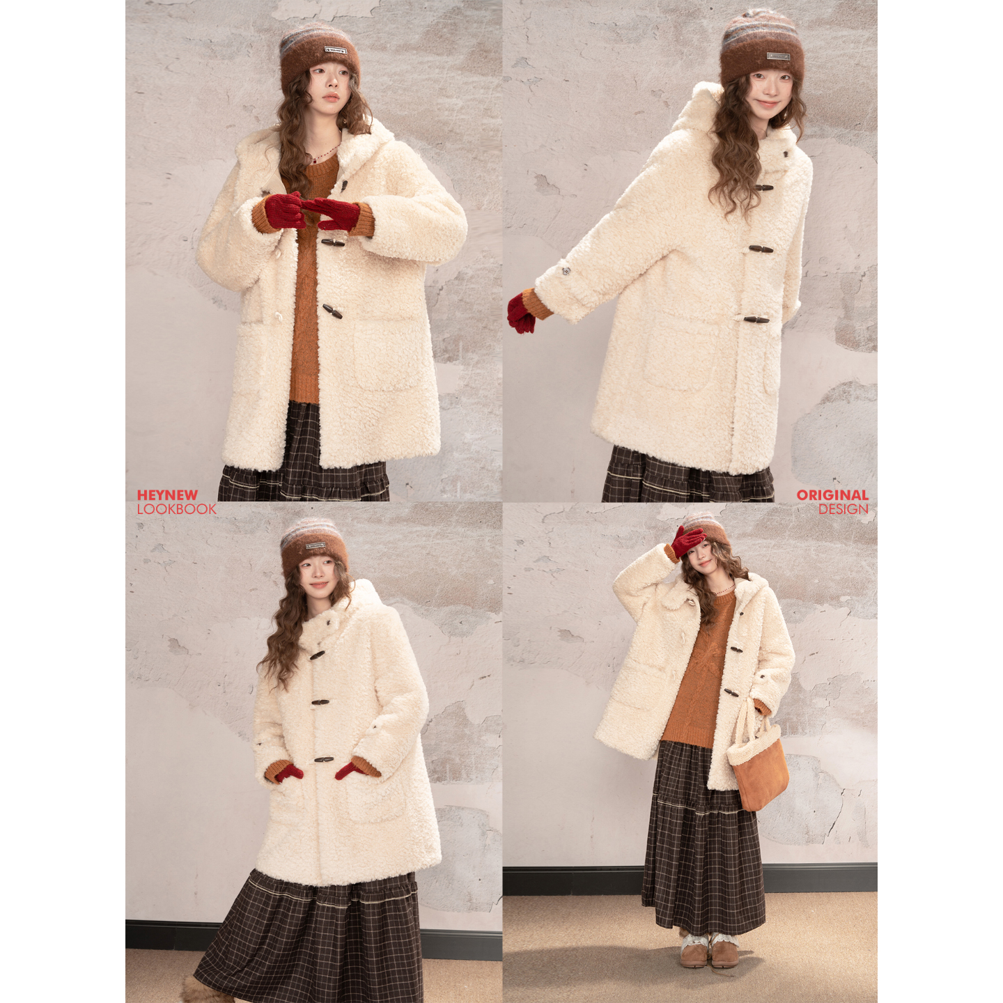 【HEYNEW黑妞】简约杏色羊羔毛牛角扣中长外套女冬保暖大衣5D405