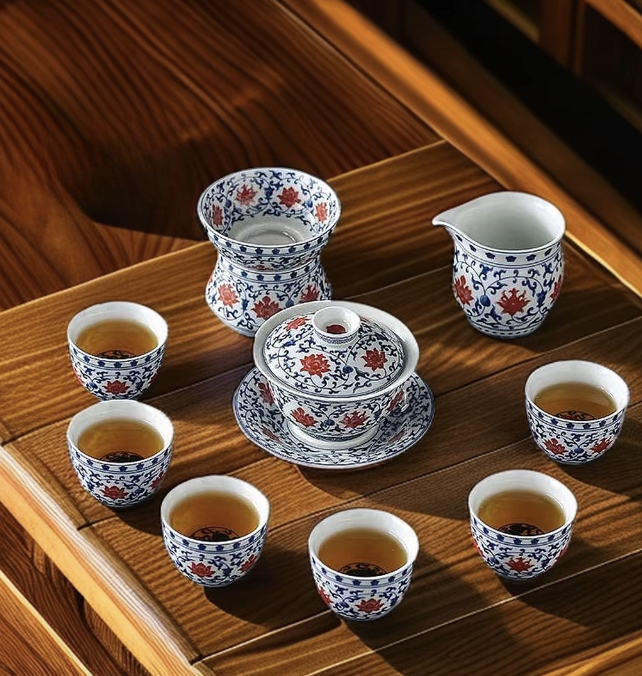 景德镇青花釉里红缠枝莲大套组系列茶具