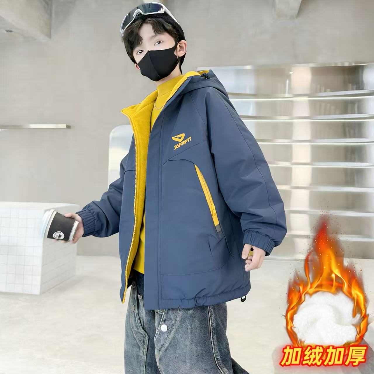 201196童装男童洋气棉衣2025冬潮酷时尚夹棉加绒加厚棉服连帽外套