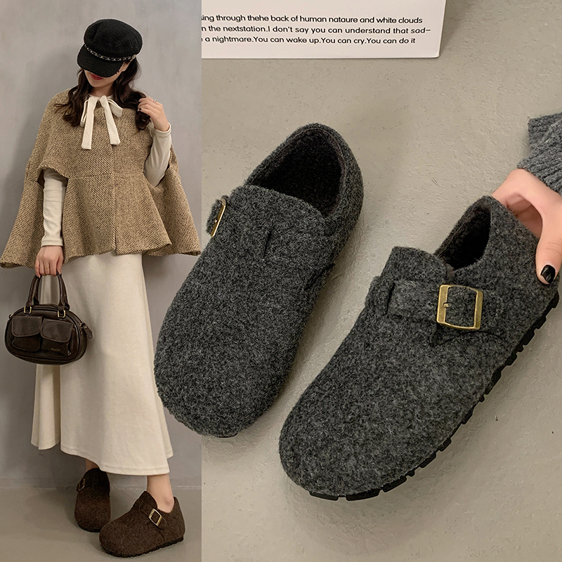 3cm 灰色加绒勃肯鞋毛毛拖鞋女外穿2025新款秋冬一脚蹬半拖棉拖鞋