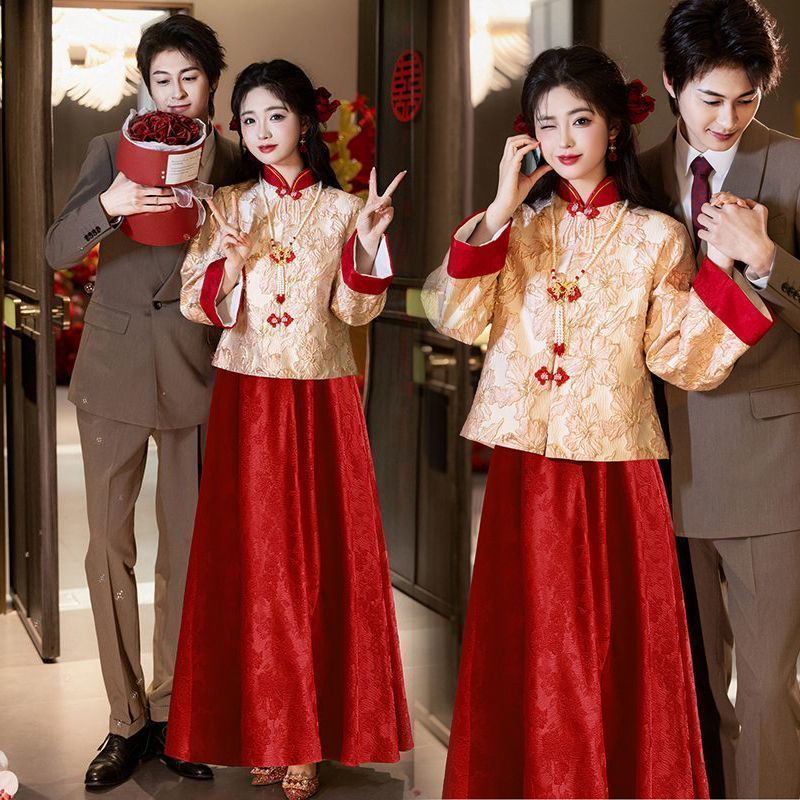 2025新中式敬酒服孕妇织金上衣吊带裙套装大码胖mm订婚礼服裙回门