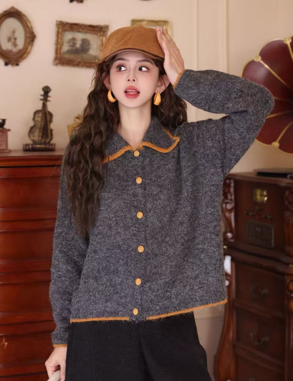 港风复古开衫针织宽松百搭上衣毛衣2701