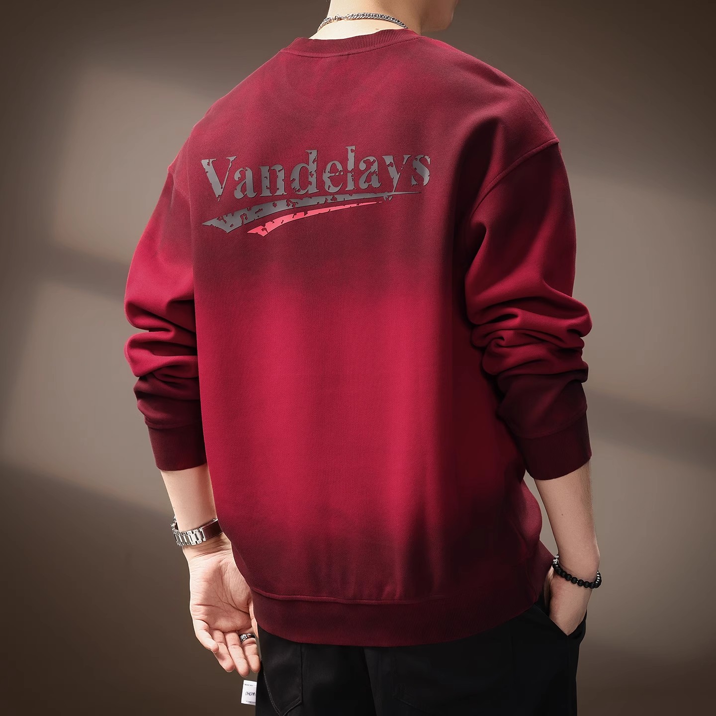 高端360g重磅圆领卫衣男士潮牌宽松大码秋冬印花上衣红色套头长袖