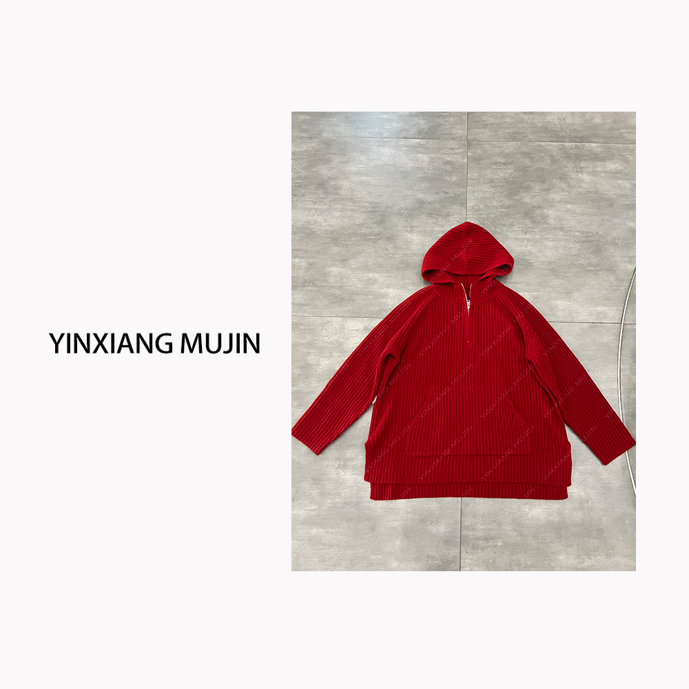 【YINXIANG MUJIN】半拉链帽衫 冬季新品坑条连帽毛衣女宽松羊毛衫