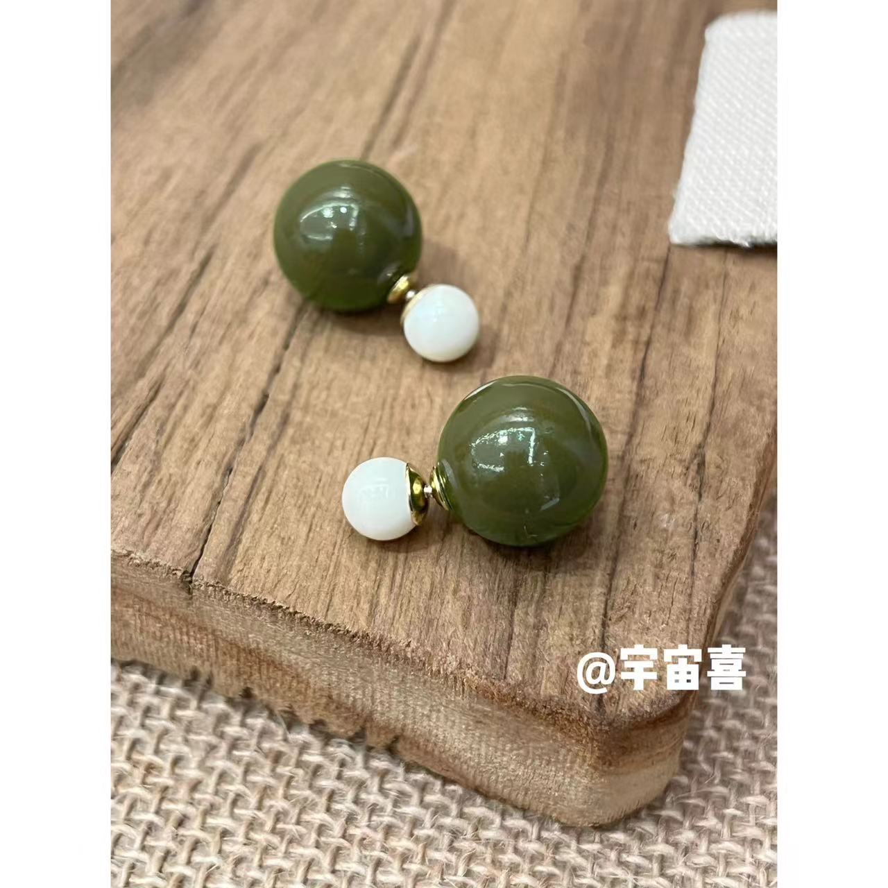 铜合金亚克力耳饰 B5-049【橄榄绿彩色糖豆前后耳钉】