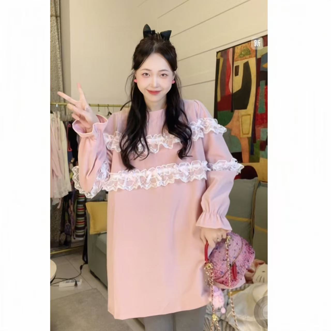 燃冉 韩版甜美显瘦蕾丝长袖连衣裙法式公主风拼接连衣裙70769