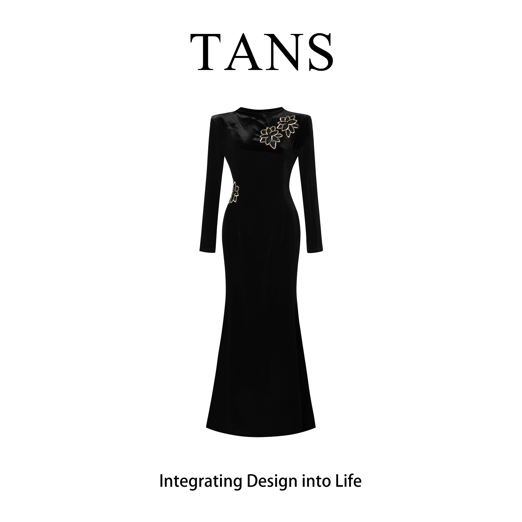 TANS【秋冬新品】黑色法式复古丝绒气质连衣裙高端礼服