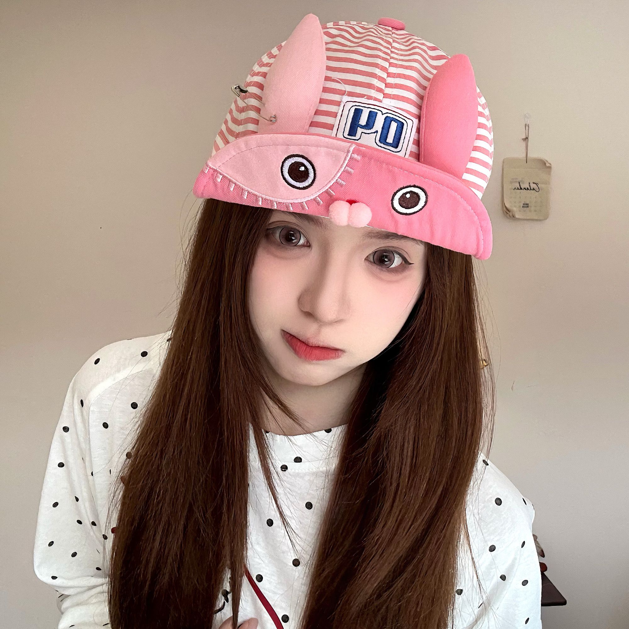 Disney迪士尼可爱卡通造型显脸小女生鸭舌帽夏季百搭防晒条纹粉色