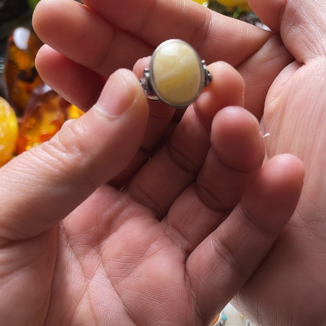 琥珀银S925镶嵌裸石戒指