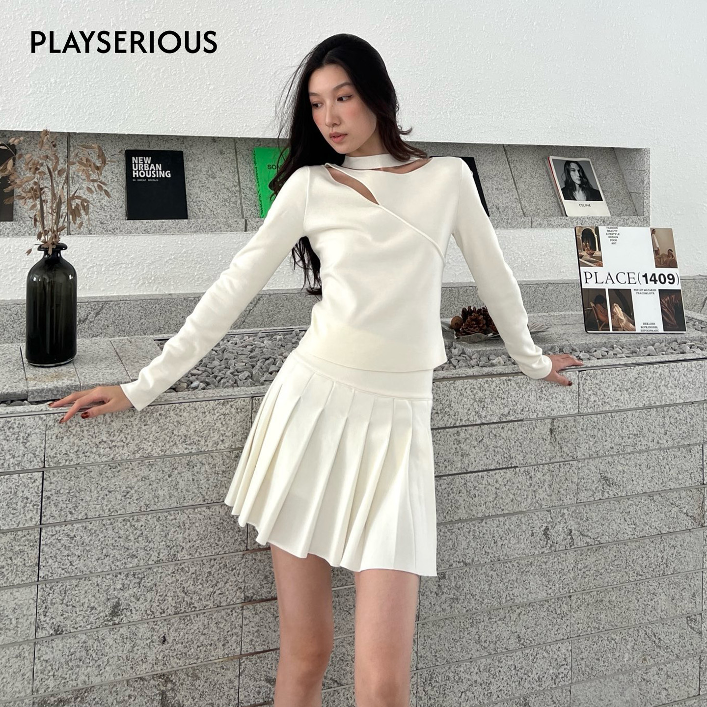 SSPARKLING 2025秋冬新款白色飘带羊毛打底学院风百褶裙套装女