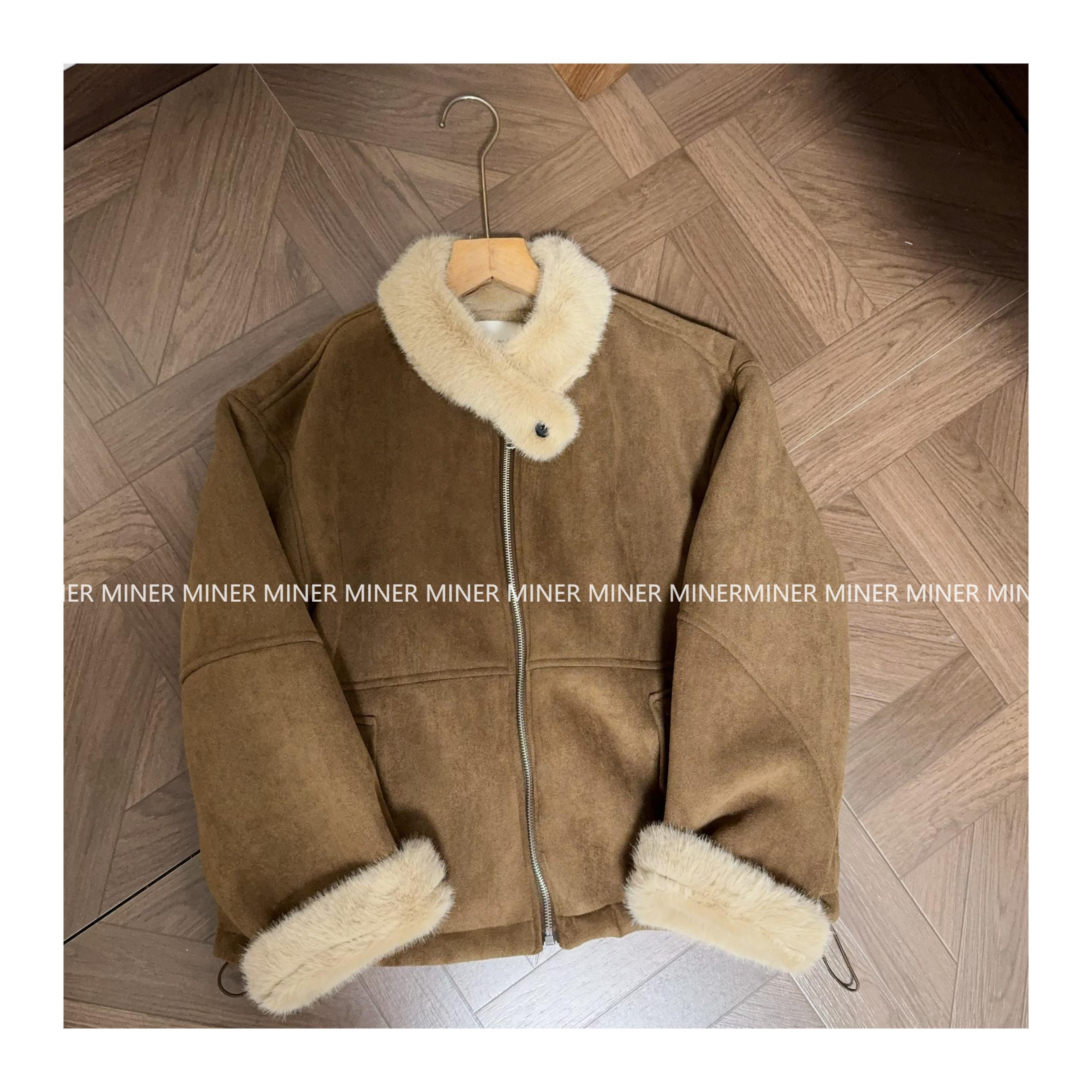 【敏儿家】复古麂皮绒加厚加绒保暖短款立领羊羔毛外套#358174