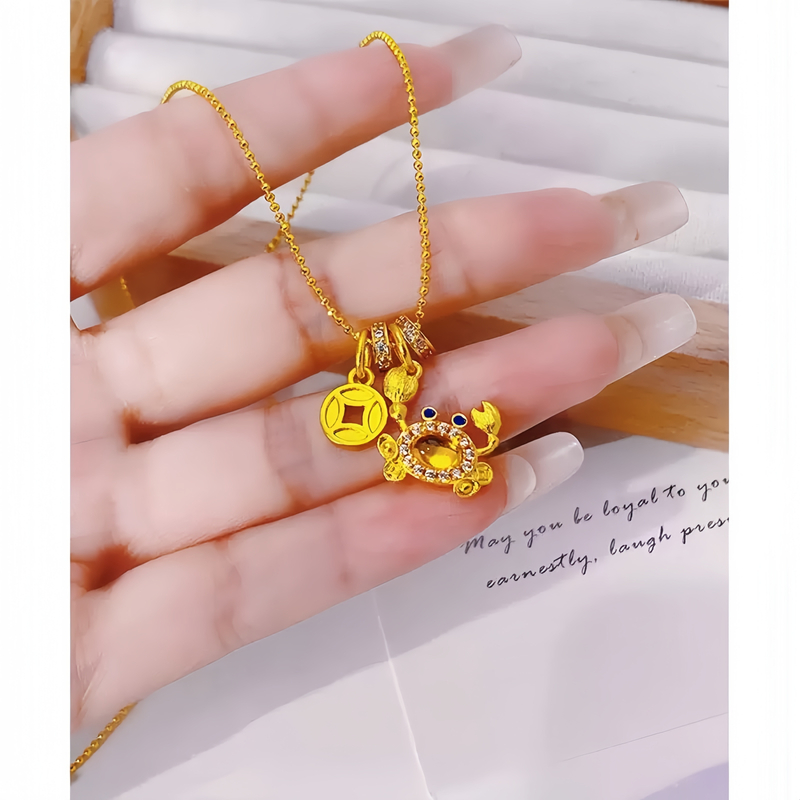 铜合金项链 【来钱】金色螃蟹铜钱吊坠项链新中式可爱锁骨链精致