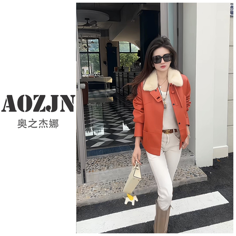 AOZJN/奥之杰娜【冬之热烈】爱马橙真皮皮衣女外套水貂毛领保暖外套