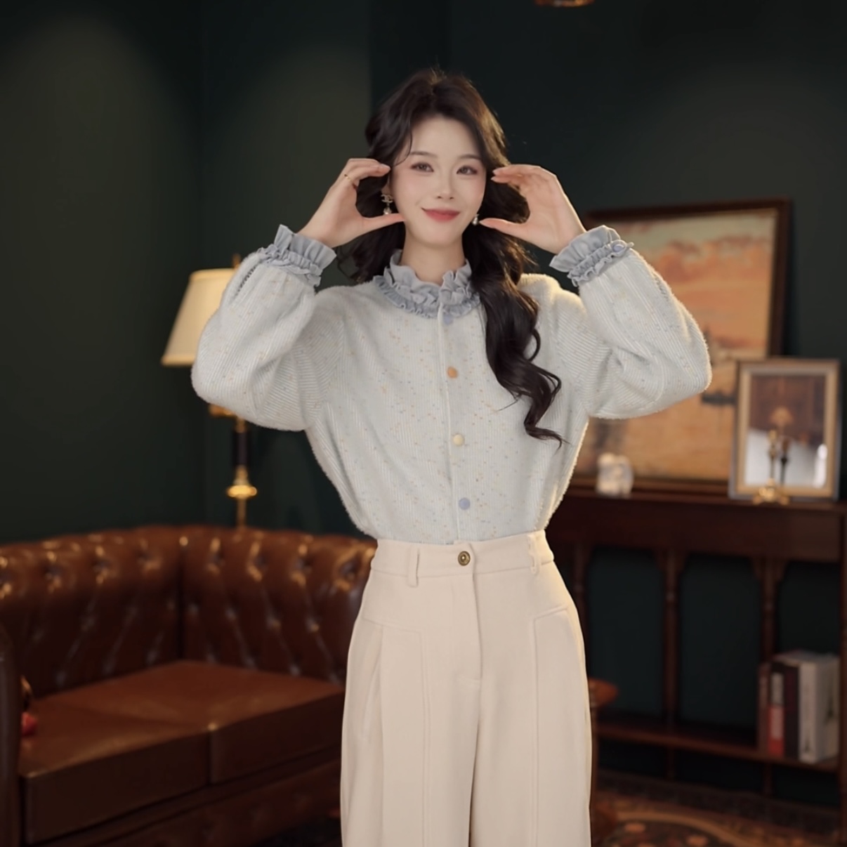 舒舒【浅海蓝调】复古港风秋冬厚款休闲百搭衬衫加厚上衣YF1103501