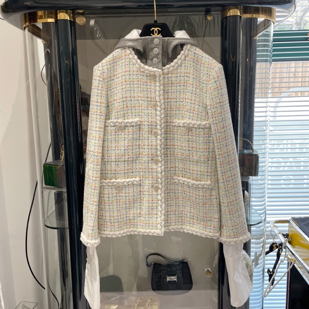 95新 Chanel/香奈儿 25C早春度假白彩色格纹圆领四口袋外套38码 