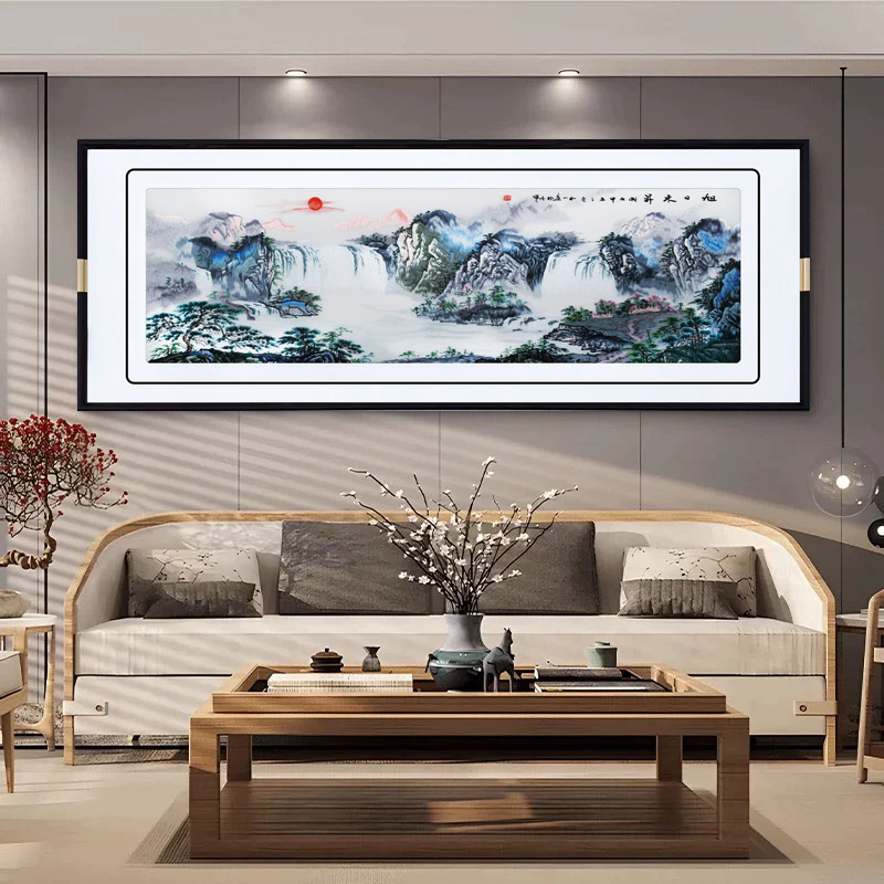 旭日东升新中式沙发背景刺绣装饰画山水风景苏绣成品客厅挂画中国