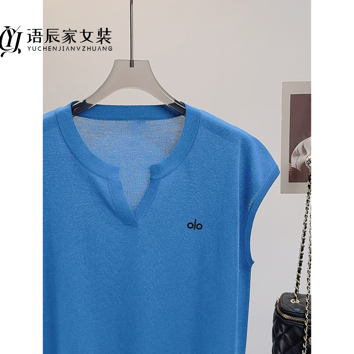 B1052【线下同款】16针珍珠麻~高定！夏季短袖纯色刺绣剪刀领针织衫