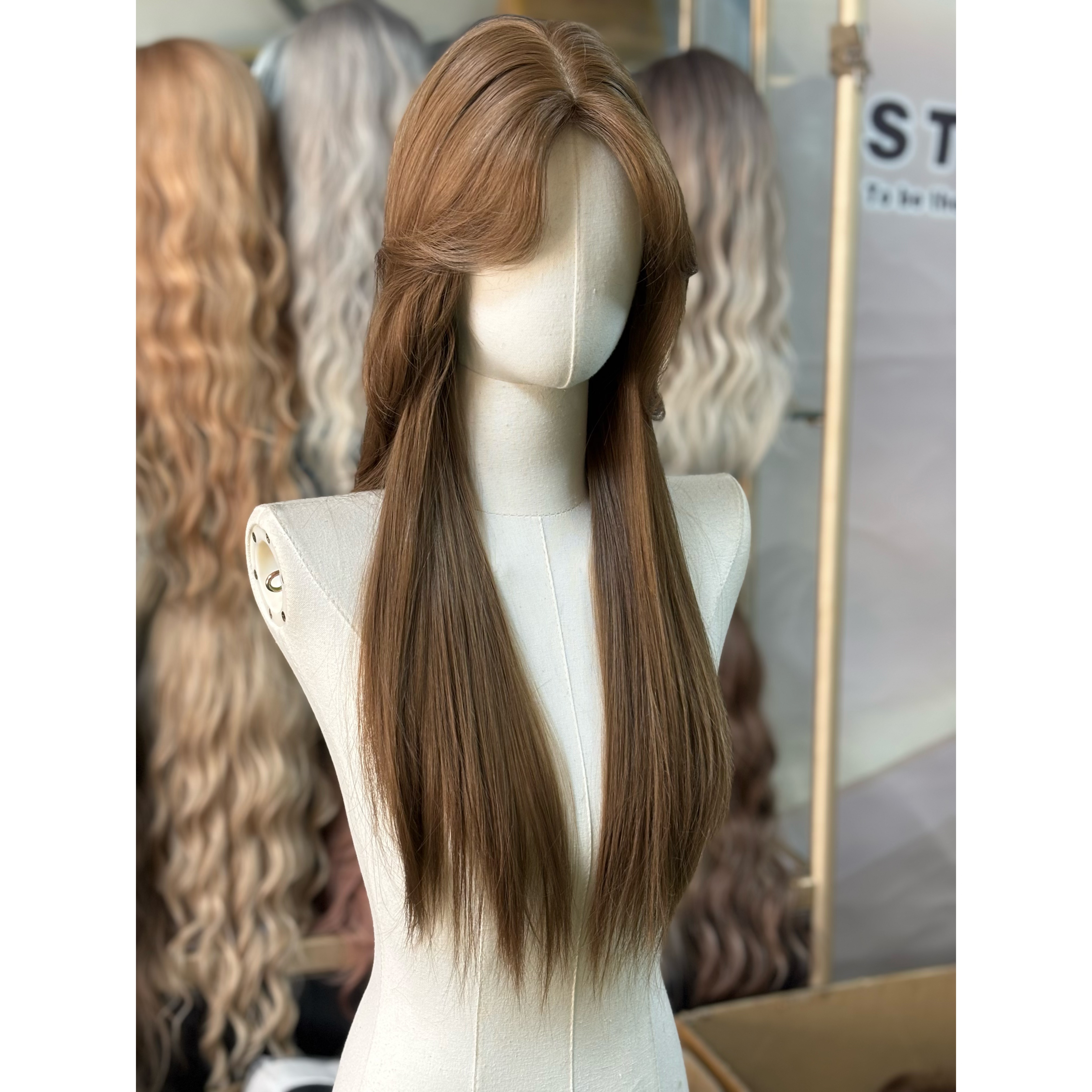 中分假发女八字刘海长直发蜜糖浅金时尚显白仿真人发丝全头套假发