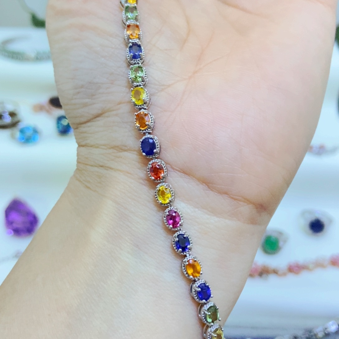 手链彩色蓝宝石银S925镶嵌