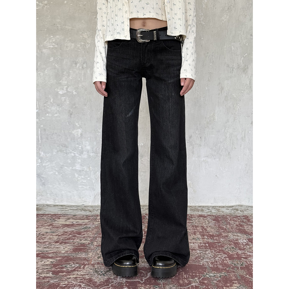 辣妹低腰竹节纹微喇牛仔裤女秋季美式复古不贴腿宽松直筒喇叭裤子