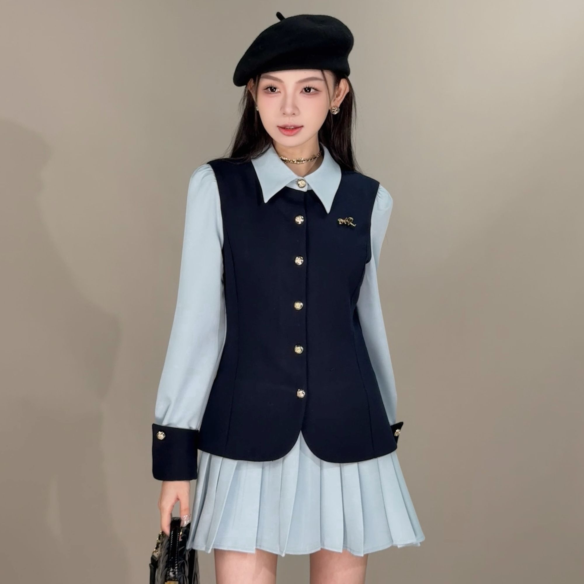 【冬装上新】冬季小众设计假两件拼接撞色单排扣气质时尚女连衣裙