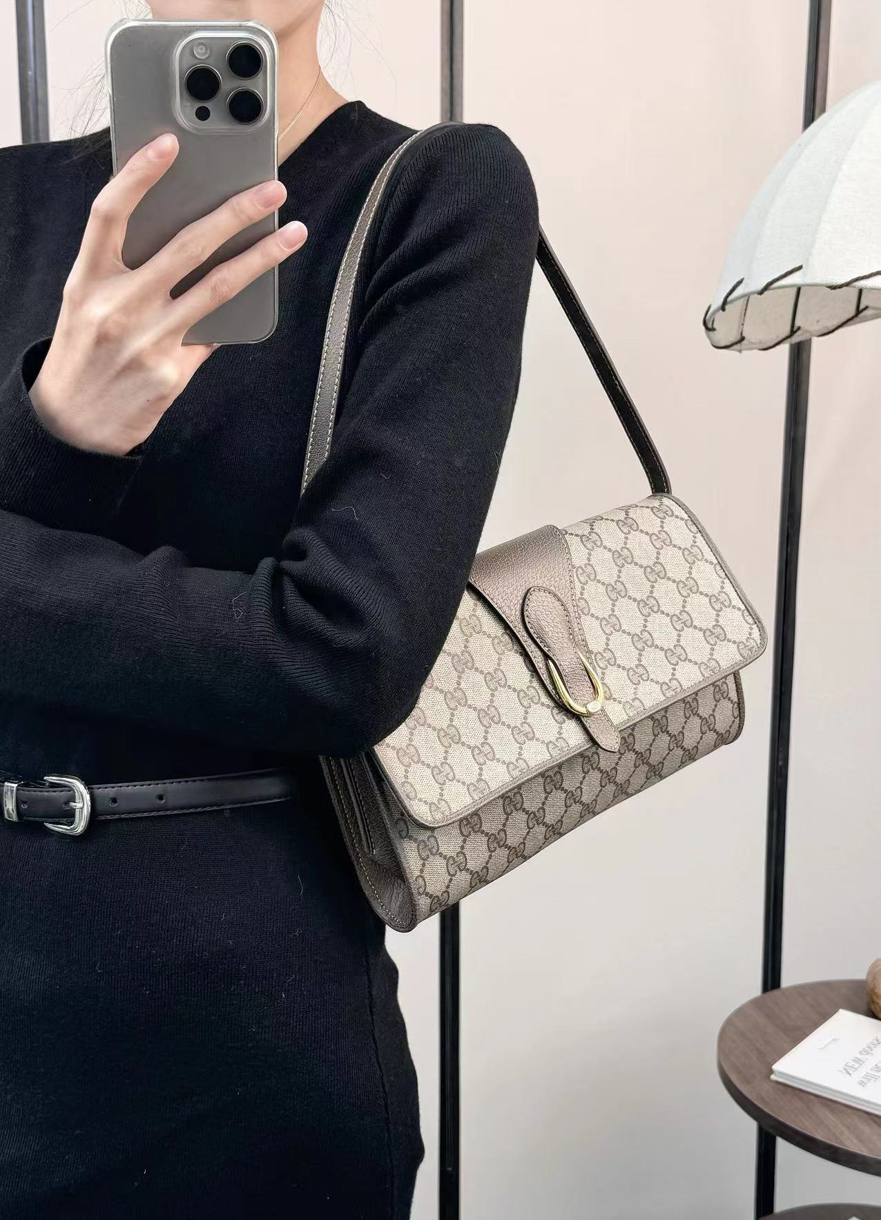 95新 GUCCI/古驰 老花金环翻盖单肩包斜挎包/秋境中古 1140