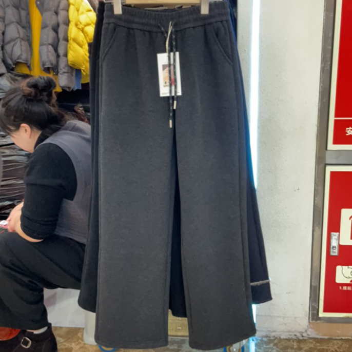 冬季时尚豹纹休闲保暖裤女松紧腰抽绳加绒加厚宽松显瘦阔腿弯刀裤