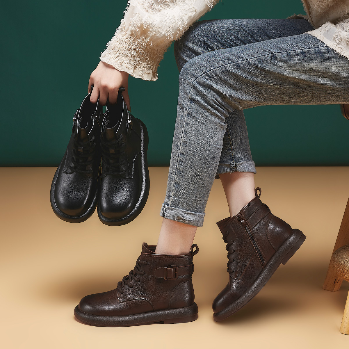 Oulisasi2025新款系带头层牛皮马丁靴复古软底软面女鞋