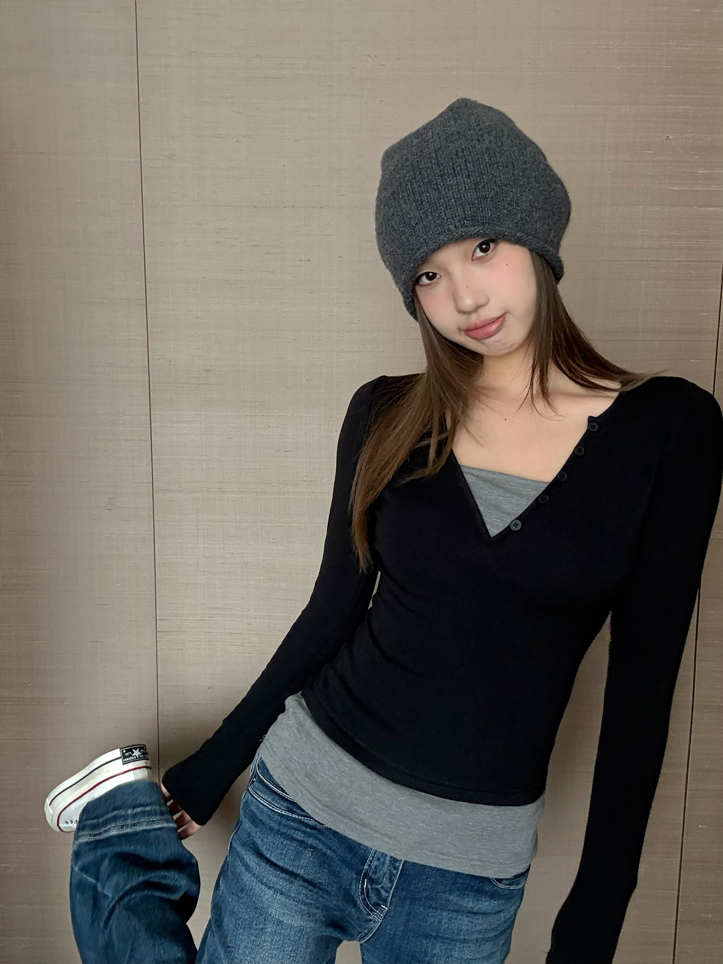 IceFront 美式正肩假两件长袖t恤女修身内搭打底衫甜辣显瘦上衣
