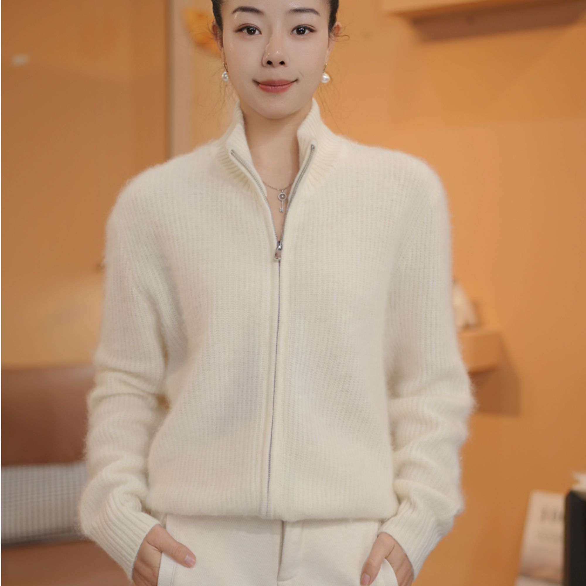 100%纯羊绒衫拉链款秋冬保暖必备纯色休闲松弛感穿搭