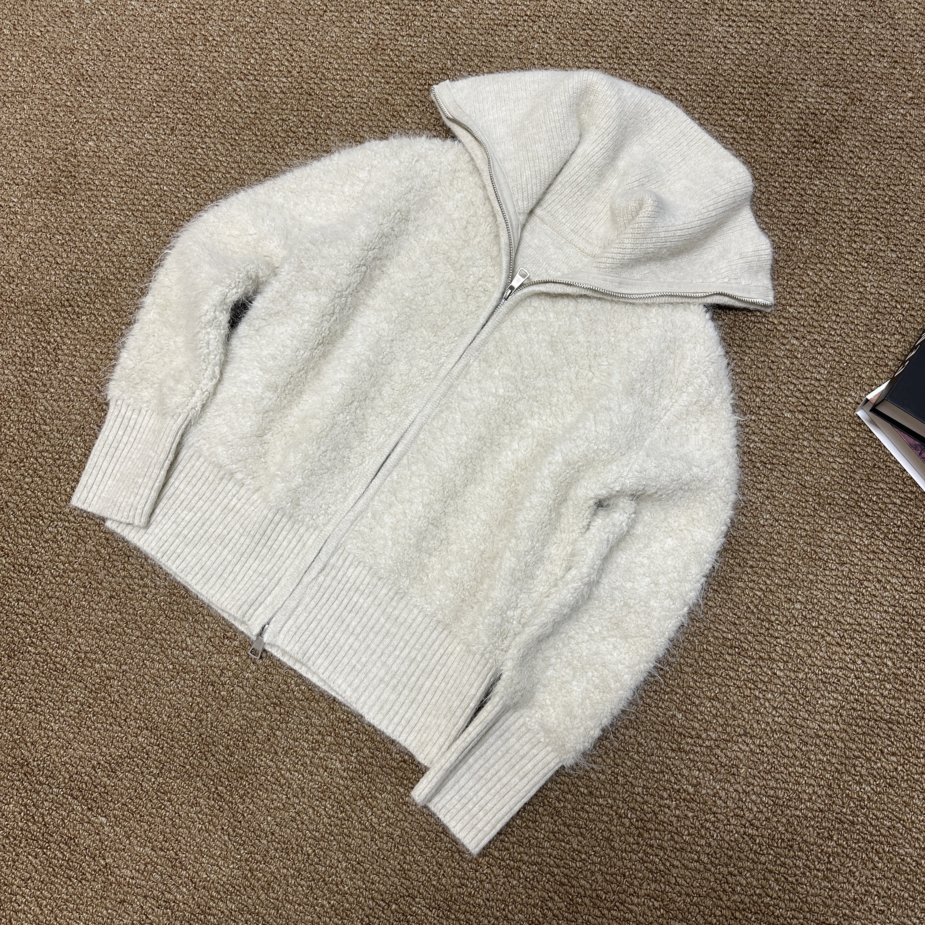 韩系宽松厚款翻领纯色毛针织衫开衫女保暖外套上衣