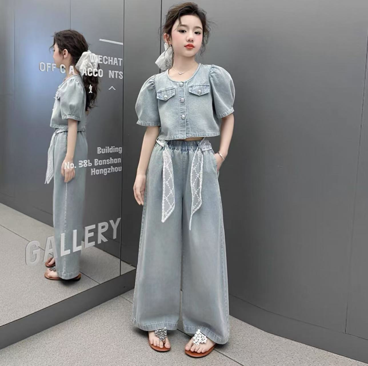 女童牛仔套装夏装新款中大童夏季洋气时髦泡泡袖上衣阔腿裤两件套