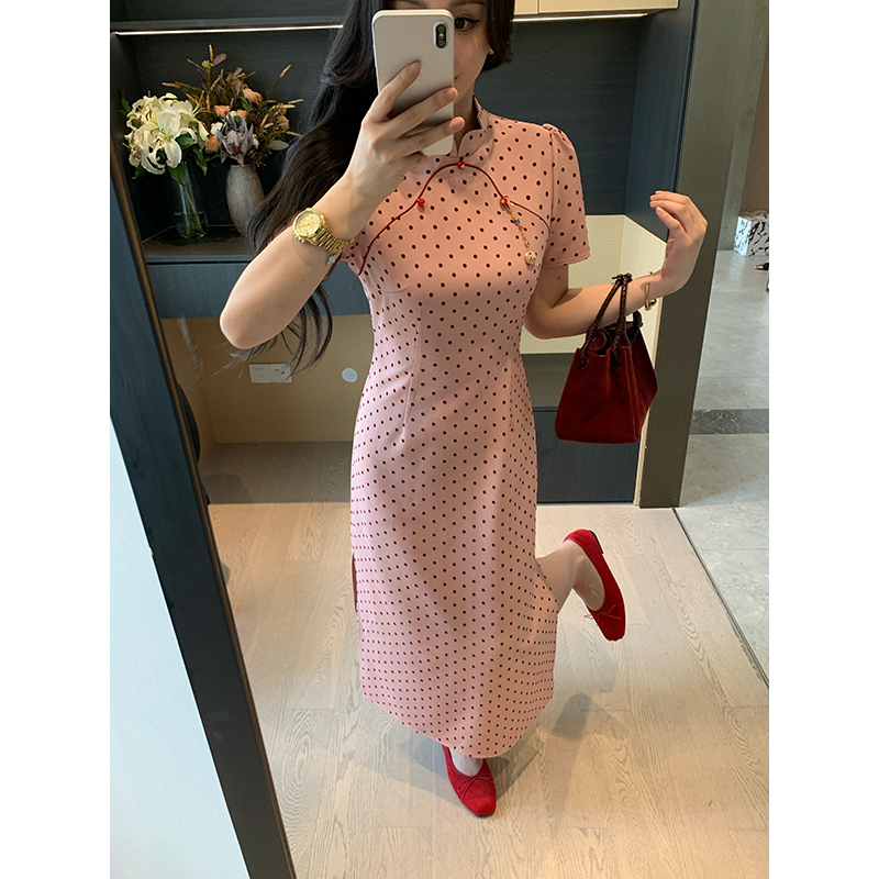 XINYI【胭脂】夏季植绒波点印花连衣裙收腰显瘦气质裙X625Q04924