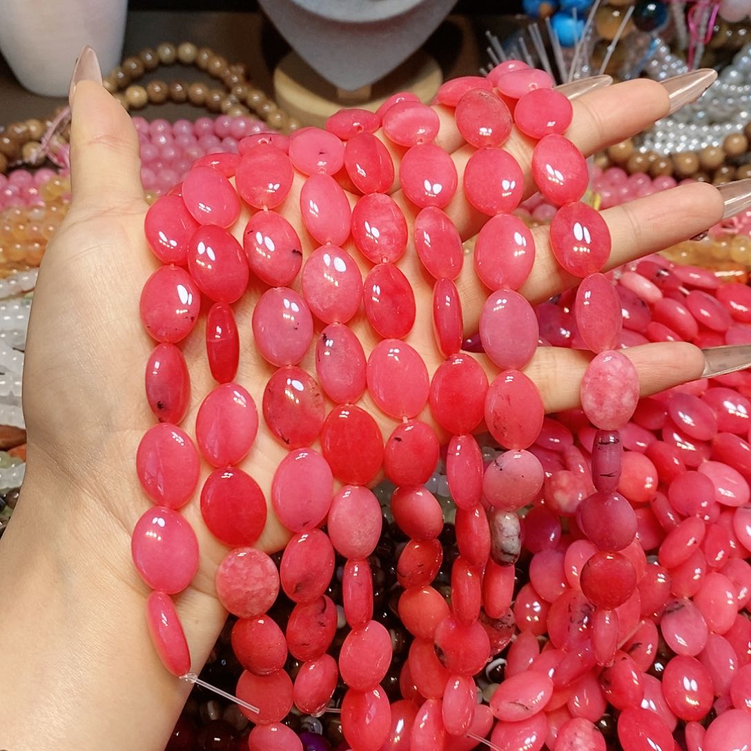 玛瑙/玉髓散珠天然石蜜桃色椭圆一条