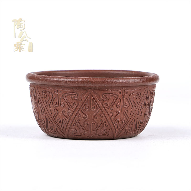 陶公粟原矿中槽青刻绘《卧虎藏龙杯》120c手制紫砂杯中式大口主人杯