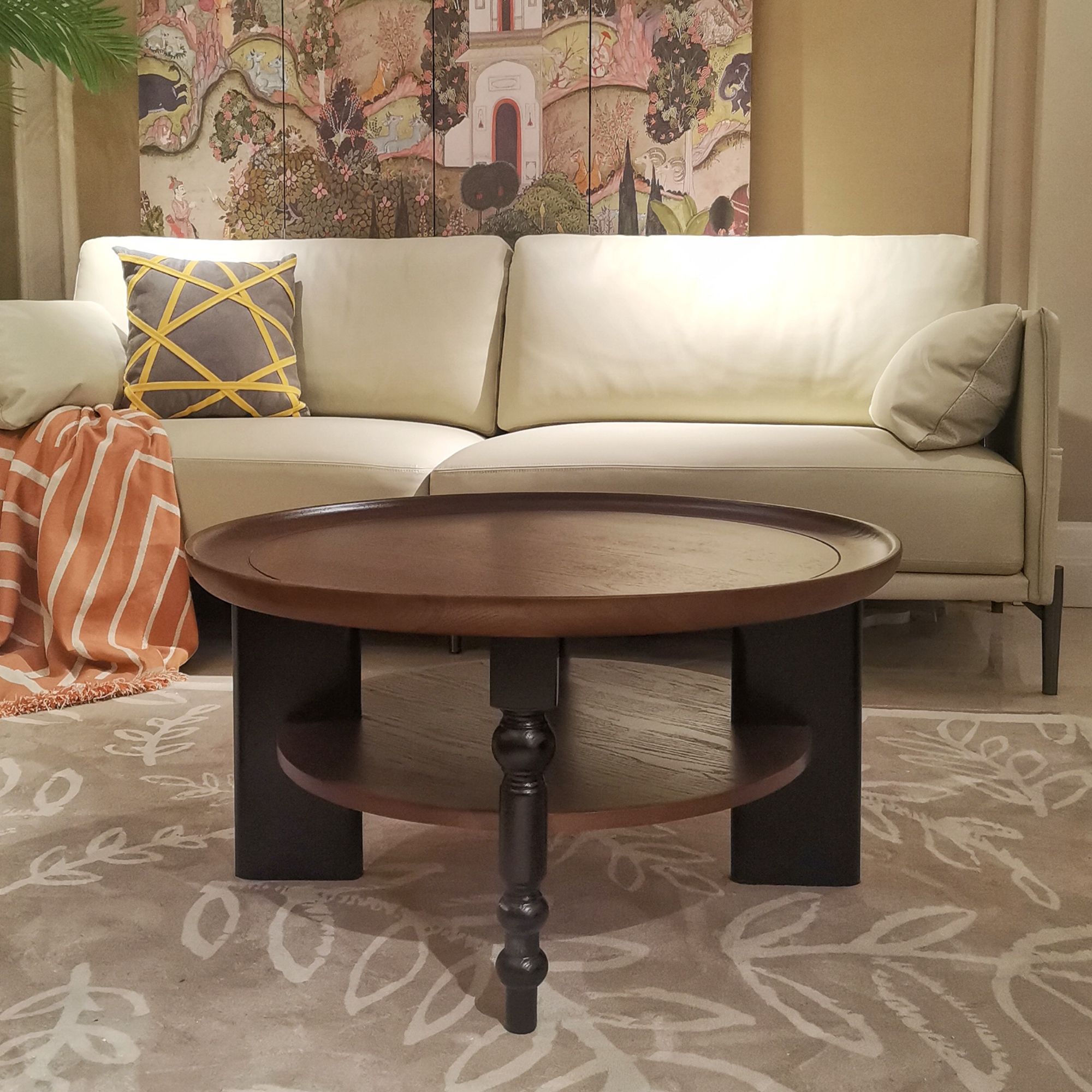 美式法式复古实木茶几圆形小户型客厅家用高级感民宿中古风圆桌子