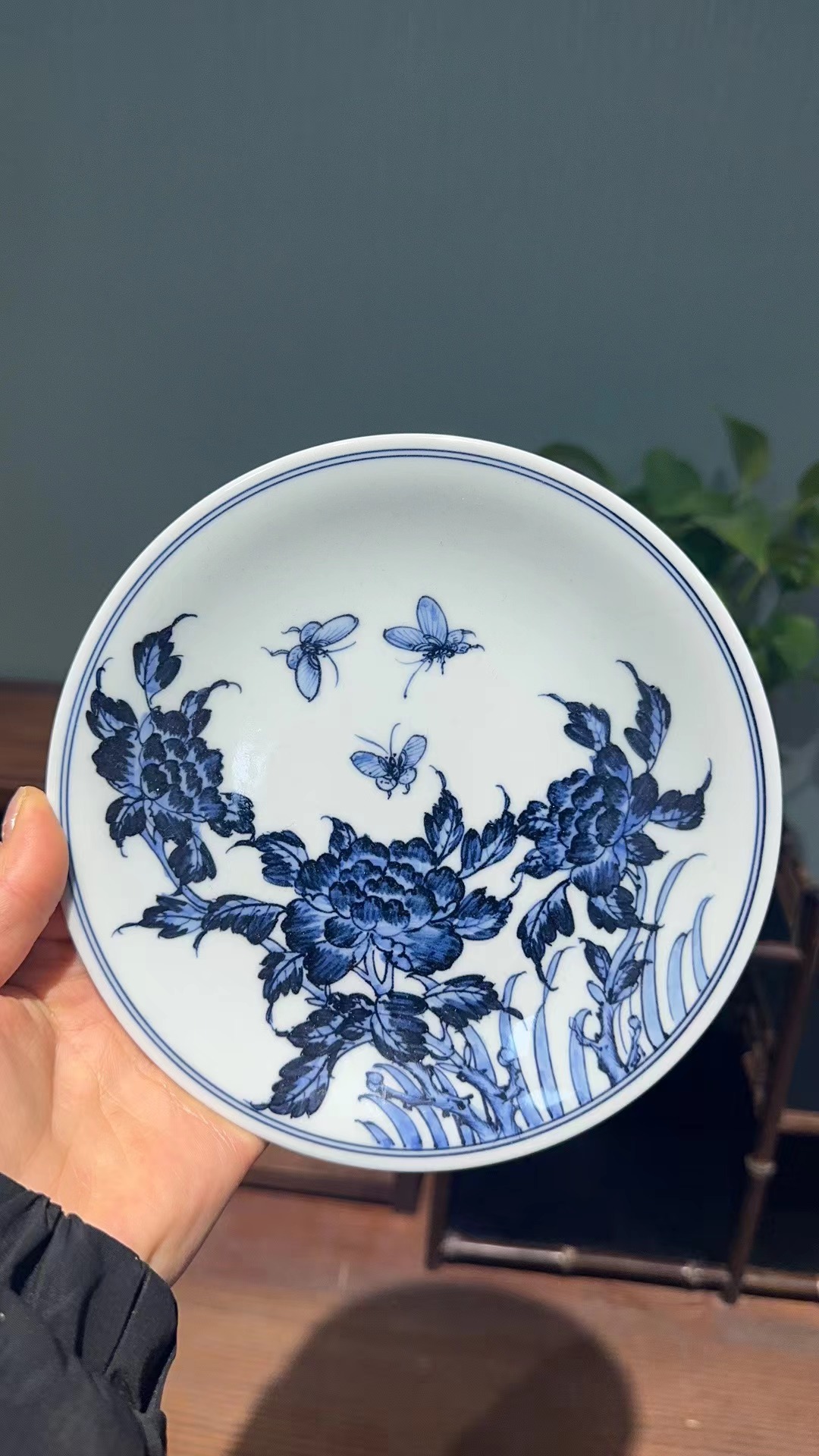 柴窑青花月季花壶承