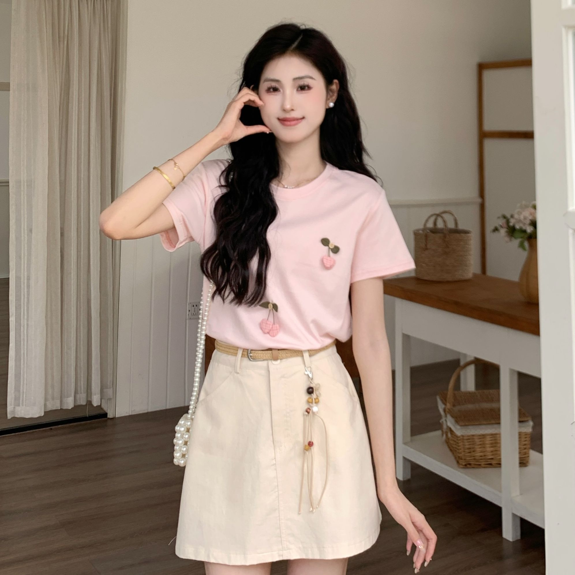 慕兔法式小个子甜美圆领短袖T恤女2025夏季新款设计感百搭上衣