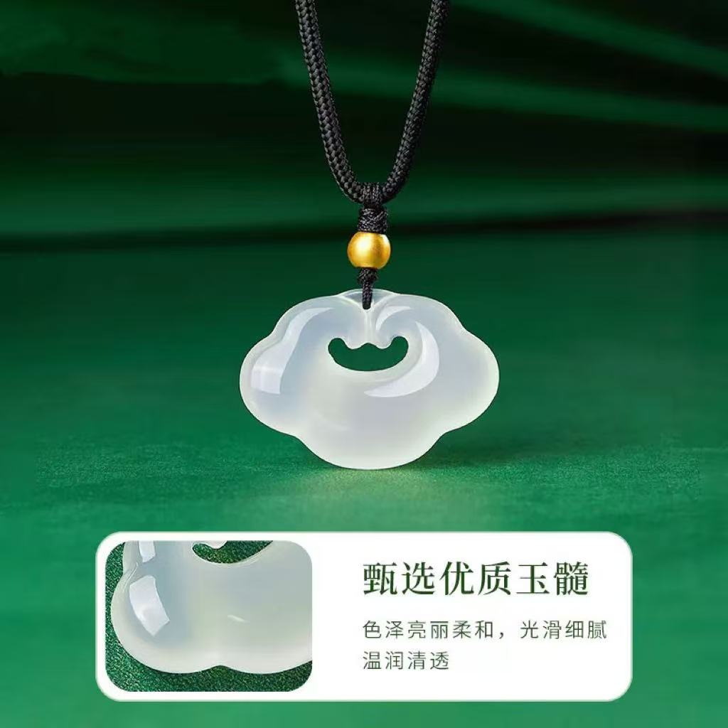 「锁福」天然高冰祥云白玛瑙玉髓吊坠如意锁项链WH1361