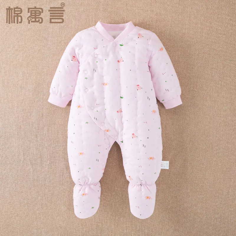 秋冬季新生儿加棉哈衣装纯棉男女宝宝连身手工婴儿包脚棉花连体衣