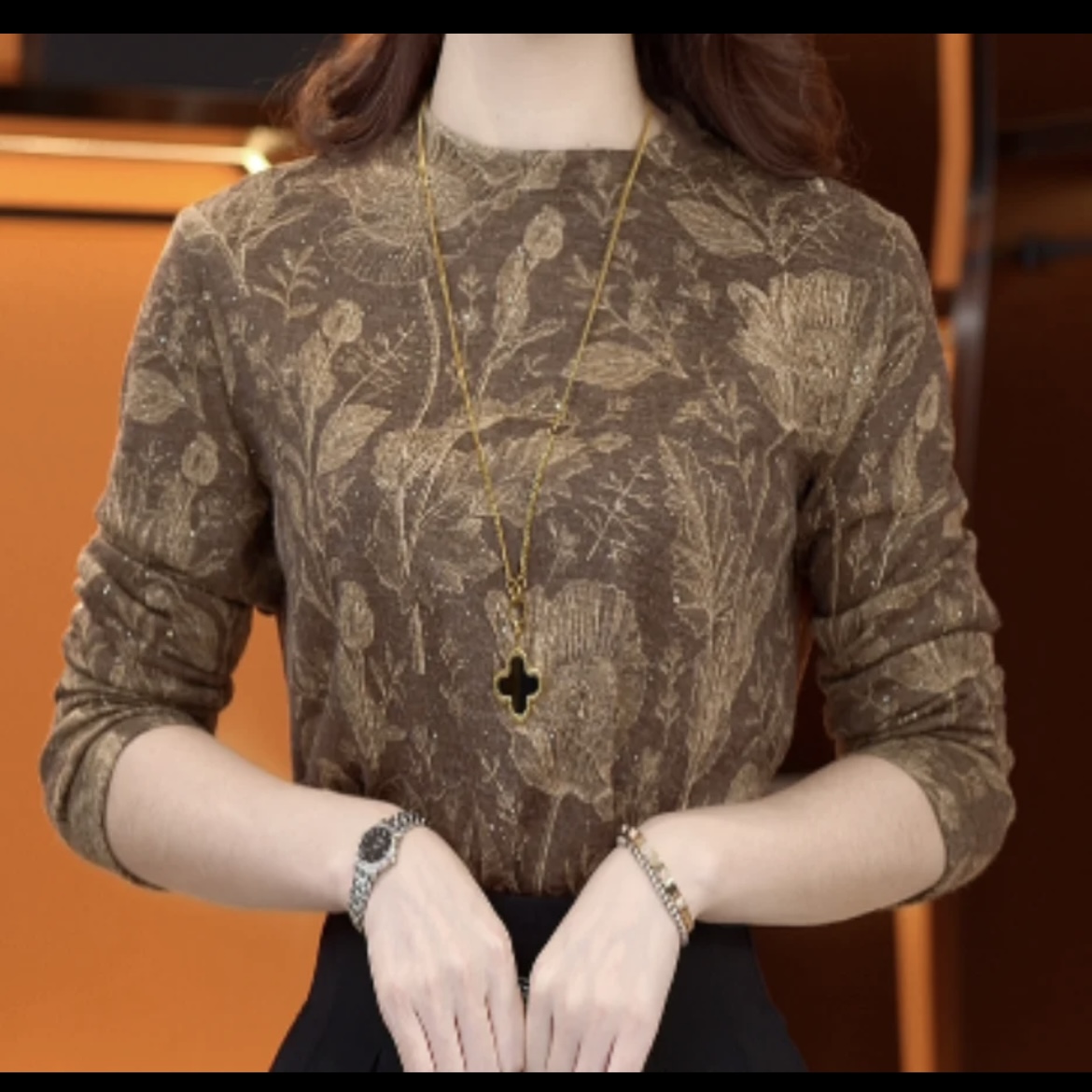 秋冬气质长袖圆领打底衫显瘦女植物花卉上衣百搭圆领宽松复古时尚