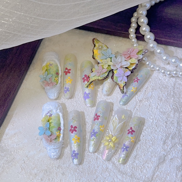 妙艺纯手工穿戴甲手绘雕花冰花蝴蝶清新纯欲仙女甜酷时尚显白美甲