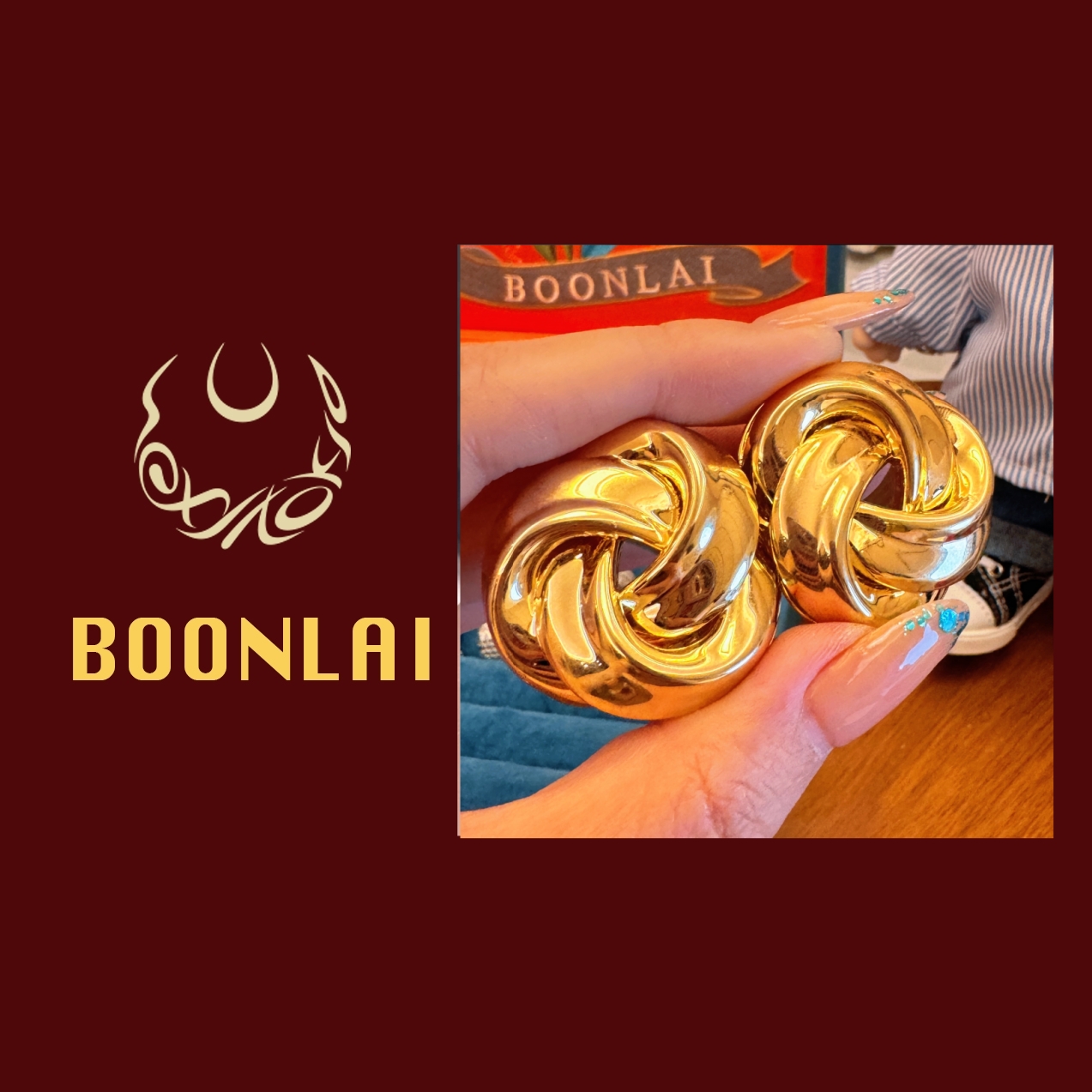 铜合金莫桑石耳饰 Boonlai 金色金属扭结耳环1451