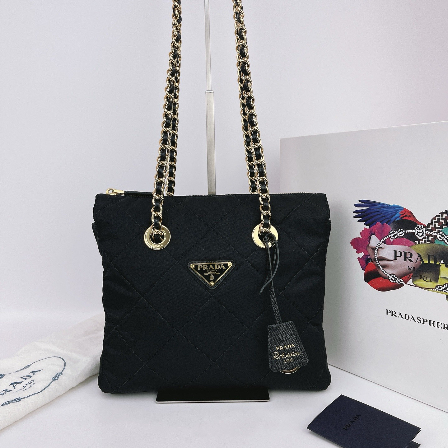 未使用 Prada/普拉达 普拉达 黑色帆布单肩包底长25 E187