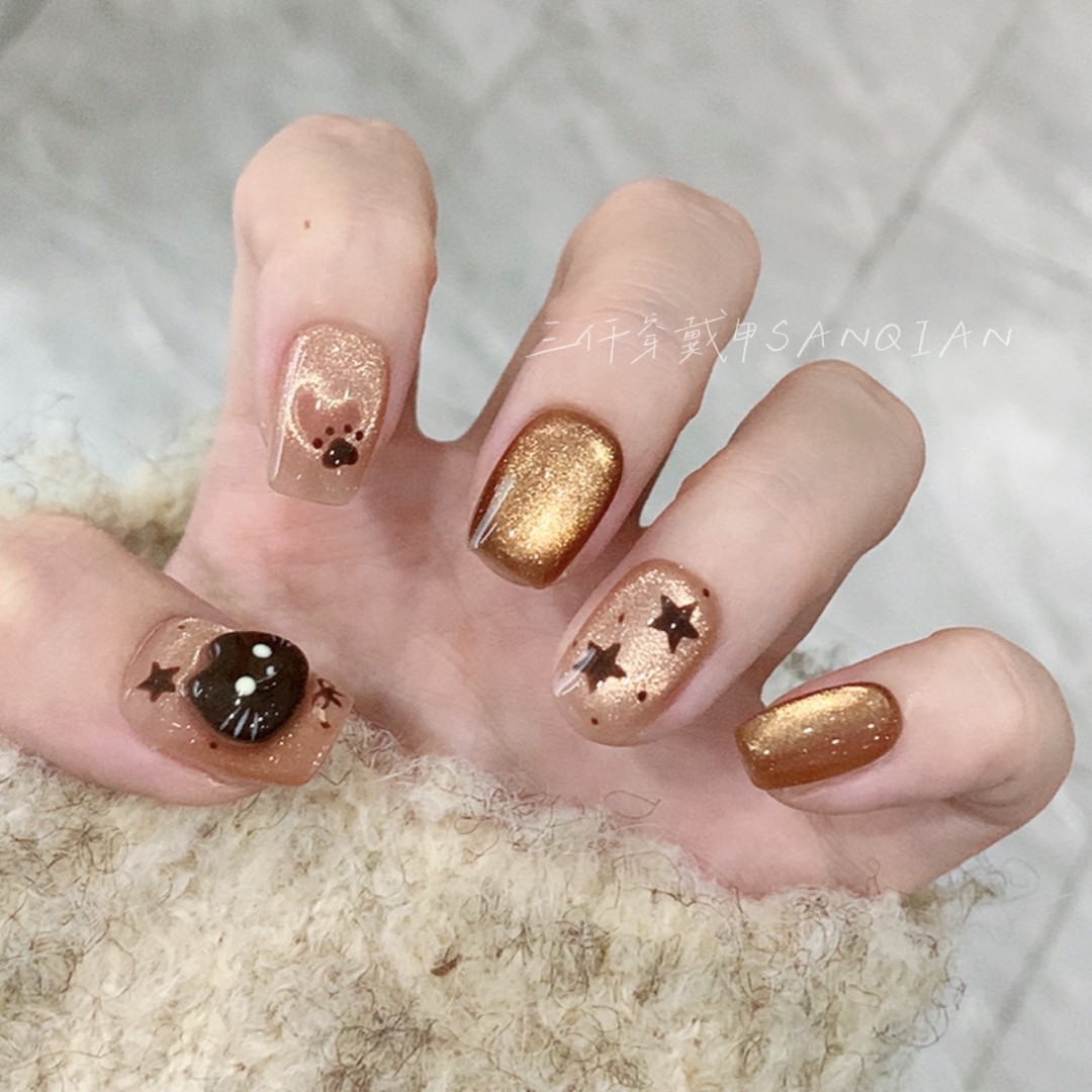 【巧克力小猫】三仟手工穿戴甲 美拉德咖啡色小猫美甲 秋日棕色系