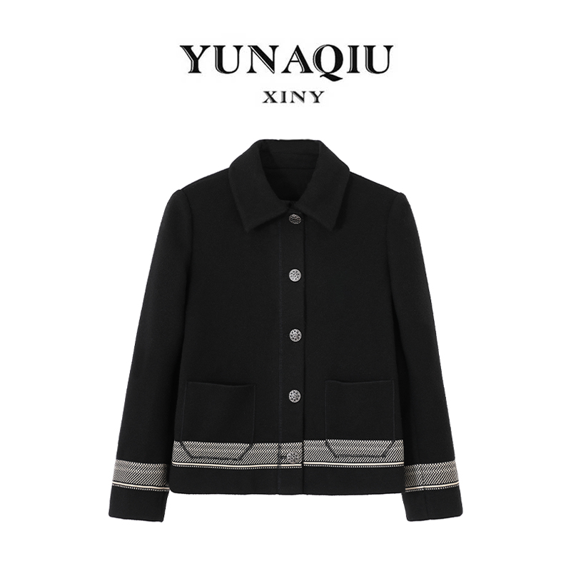 YUNAQIU-3026女士气质时尚设计师百搭翻领休闲秋冬轻奢双面呢外套